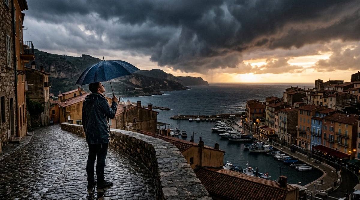 Orage et pluie approchant sur une ville côtière française