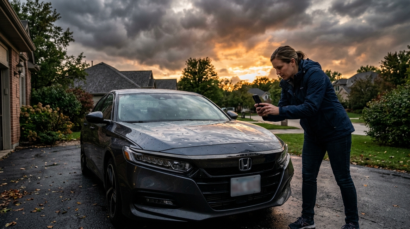 Femme photographiant les dégâts de grêle sur sa voiture