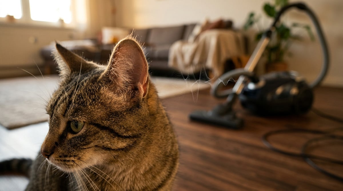 Oreille de chat avec poils hérissés face aux ultrasons d'un aspirateur