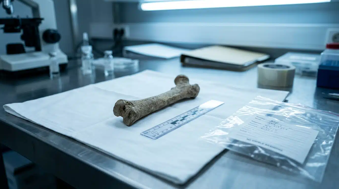 Fragment de fémur humain sur table de laboratoire