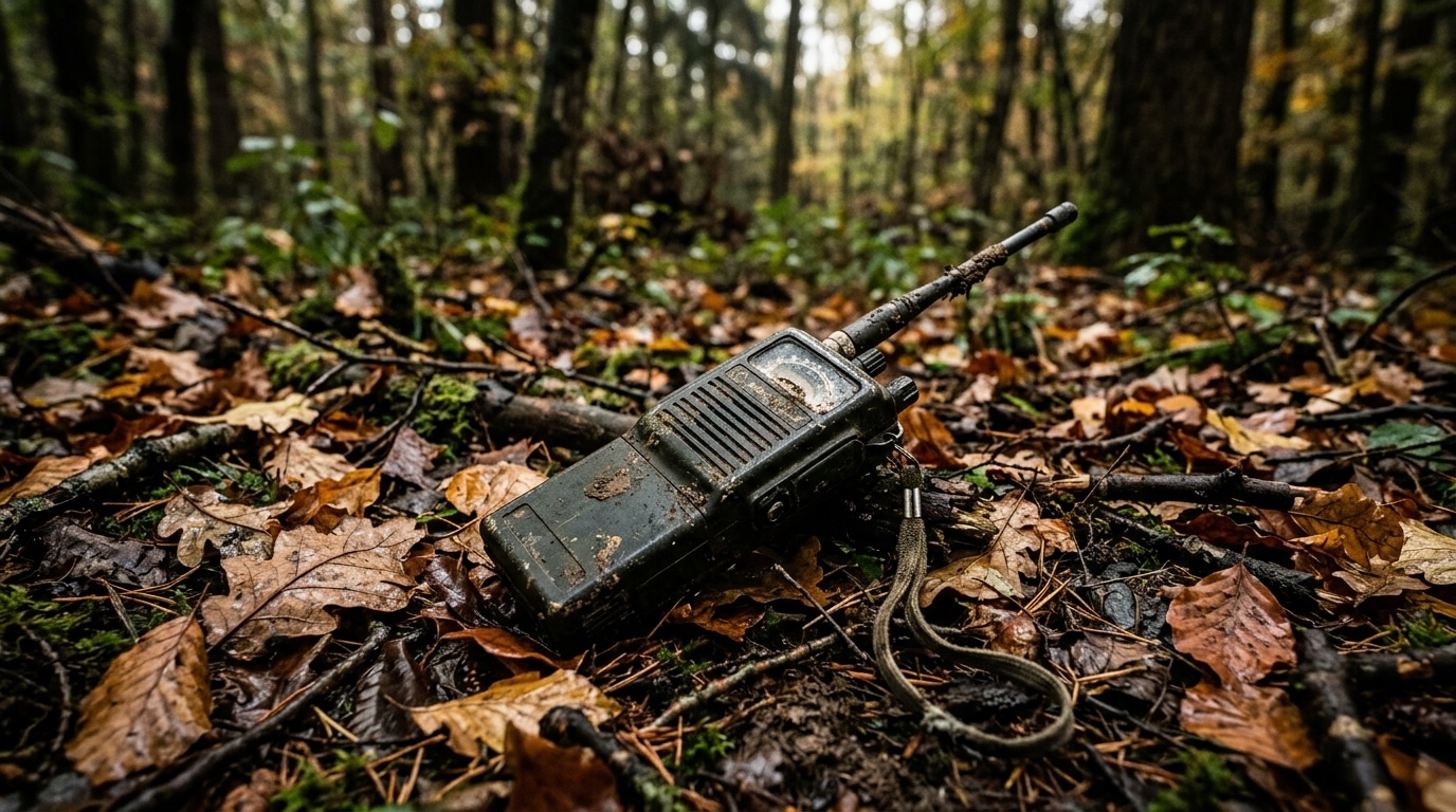 Talkie-walkie posé au sol dans une forêt sombre et humide