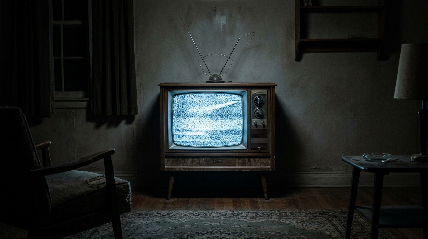 Télévision allumée seule dans un salon sombre, ambiance mystérieuse