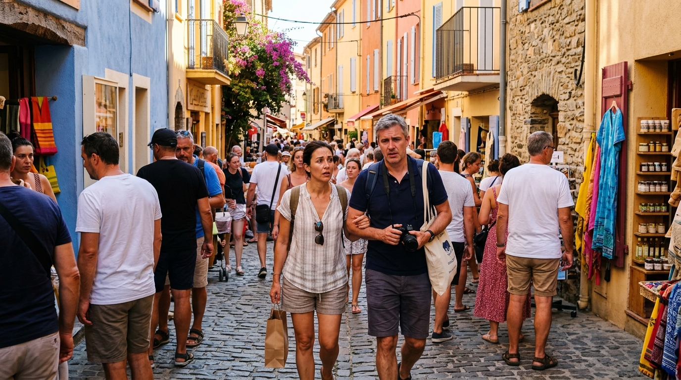 Ruelles animées et bondées du port de Collioure en été