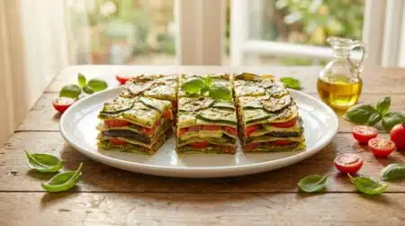 Part de lasagnes froides servie sur assiette blanche en été