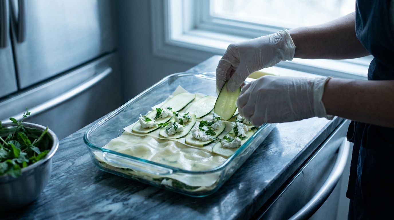 Montage de lasagnes fraîches courgettes chèvre et menthe