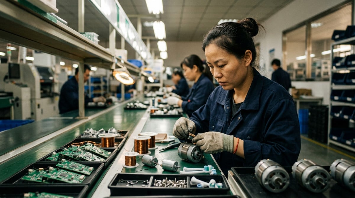 Ouvrier assemblant des brosses à dents électriques en usine