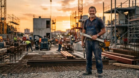 Ouvrier du bâtiment sur un chantier au coucher du soleil