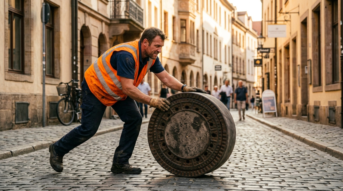 Ouvrier faisant rouler une plaque d'égout ronde sur le trottoir