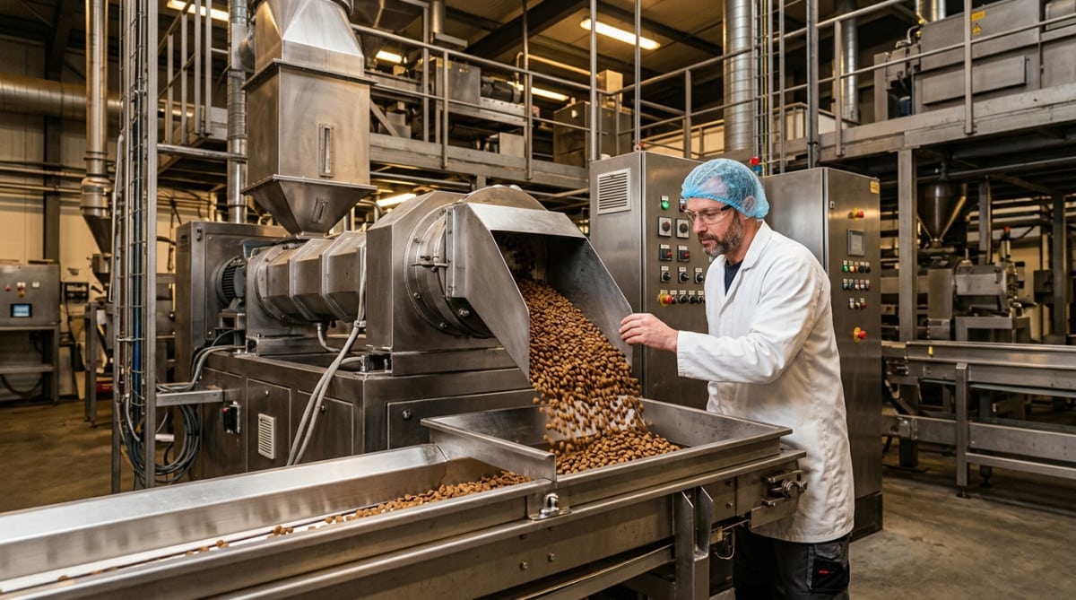 Ouvrier surveille une machine d'extrusion de croquettes en usine