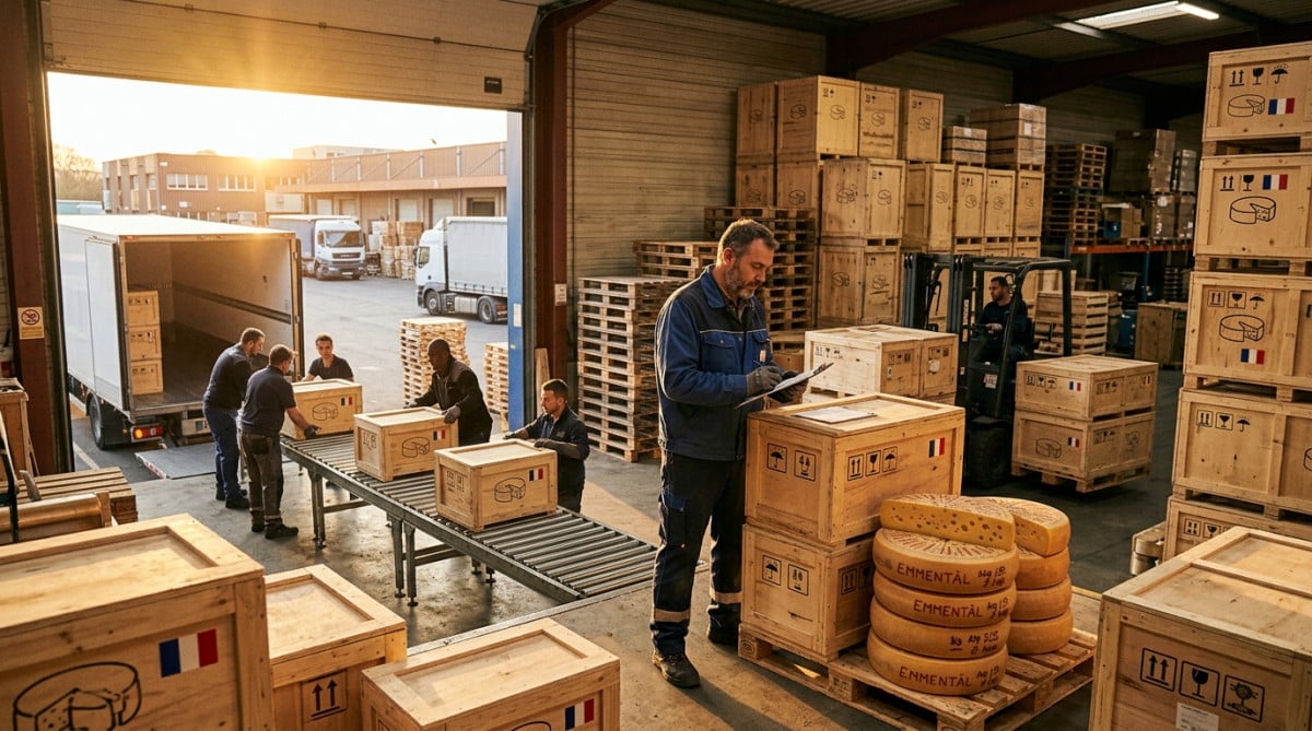 Ouvrier vérifiant des caisses de fromage à l'export