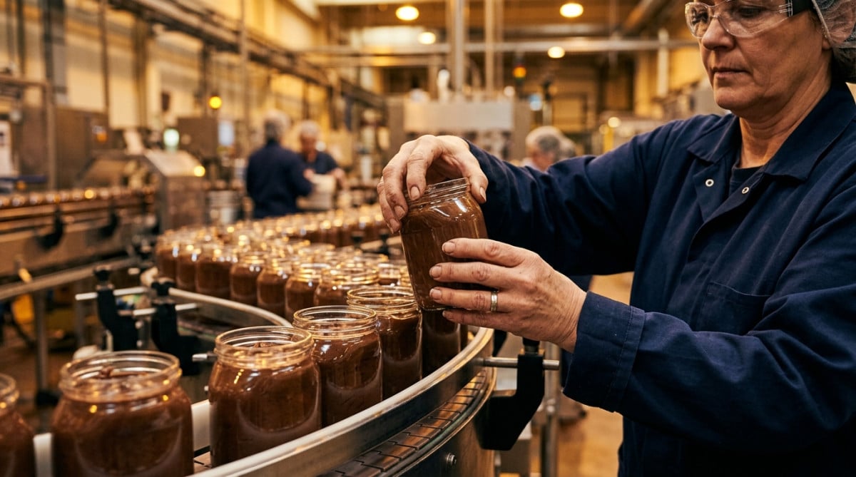 Ouvrier vérifiant des pots de pâte à tartiner en usine