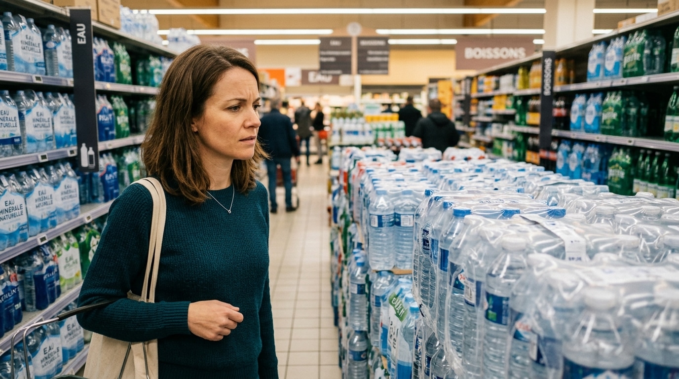 Client perplexe devant des packs d'eau au supermarché