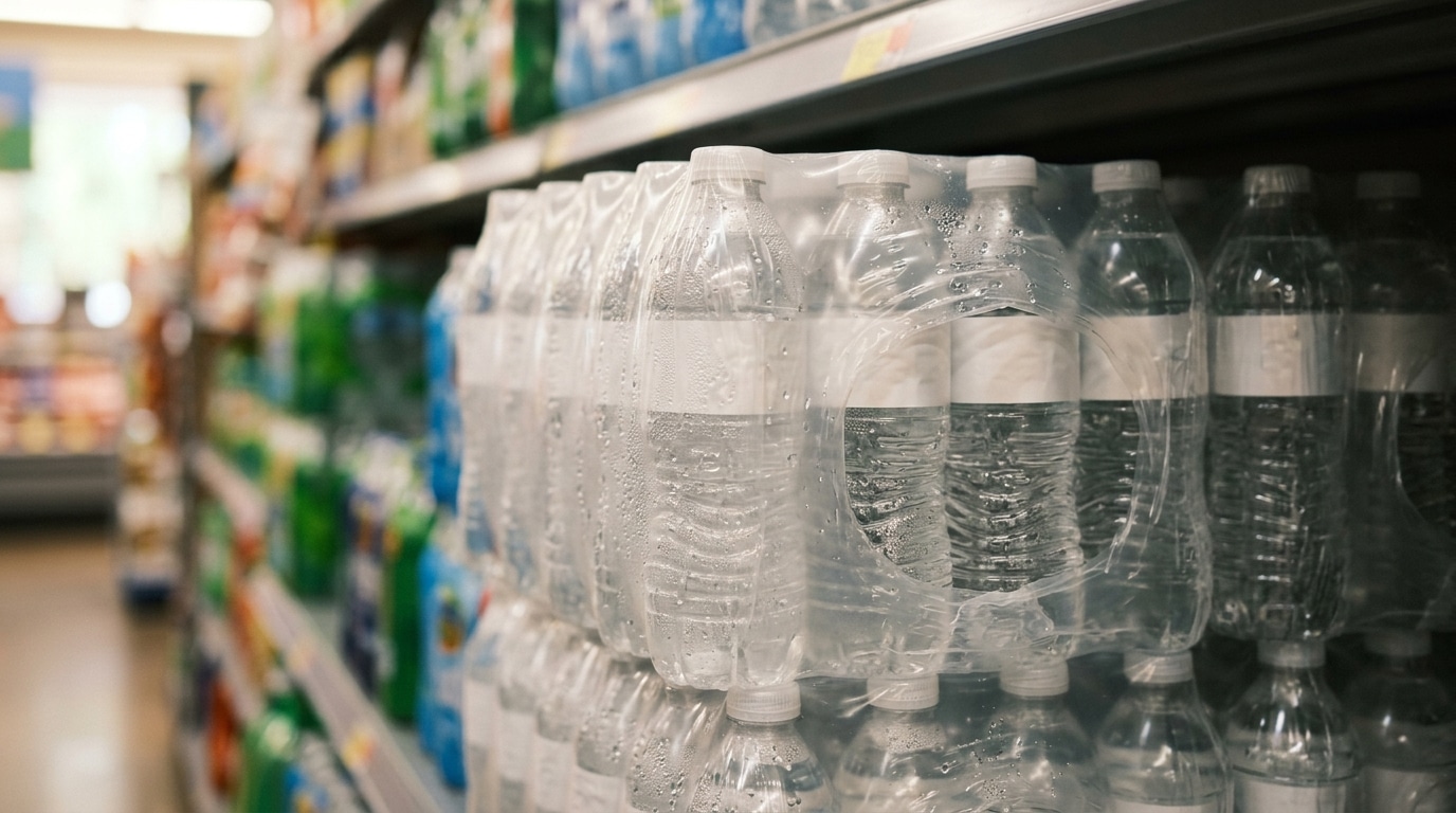 Packs de bouteilles d'eau filmés avec poignée plastique