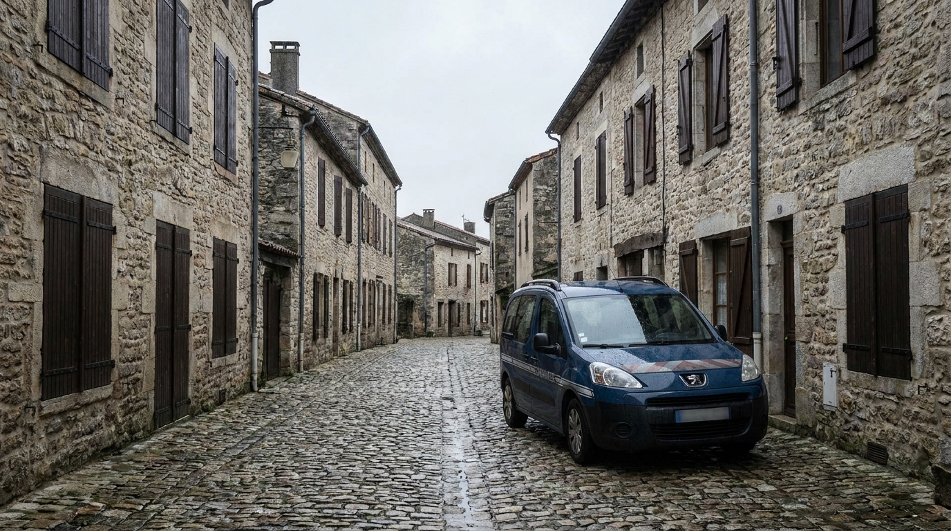 Rue pavée d'un village médiéval avec véhicule de gendarmerie