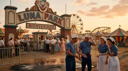 Parc d'attractions vintage sous une chaleur écrasante en été