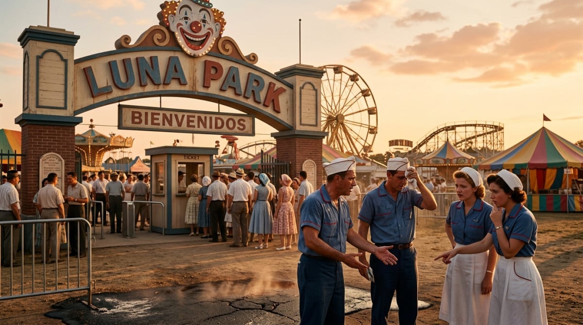 Parc d'attractions vintage sous une chaleur écrasante en été