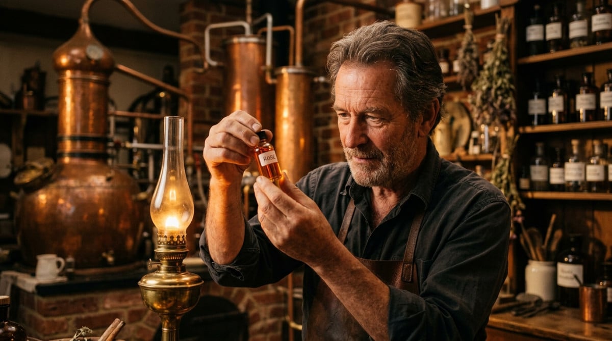 Parfumeur examinant un flacon d'huile essentielle de rose