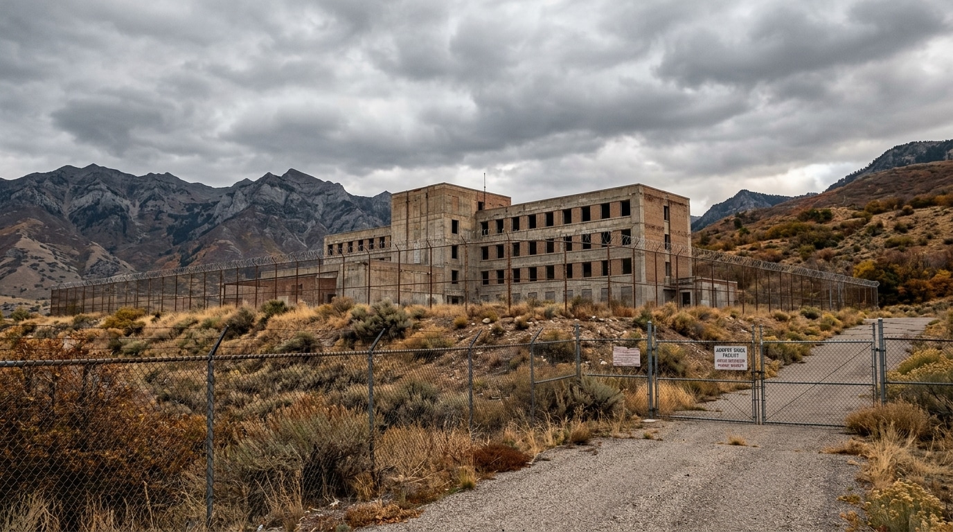 Bâtiment d'internat isolé dans les montagnes de l'Utah, désormais fermé après des années de signalements