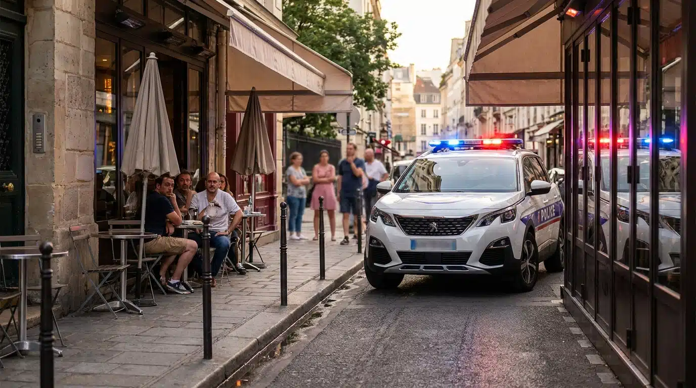 Voiture de police devant un restaurant parisien le soir