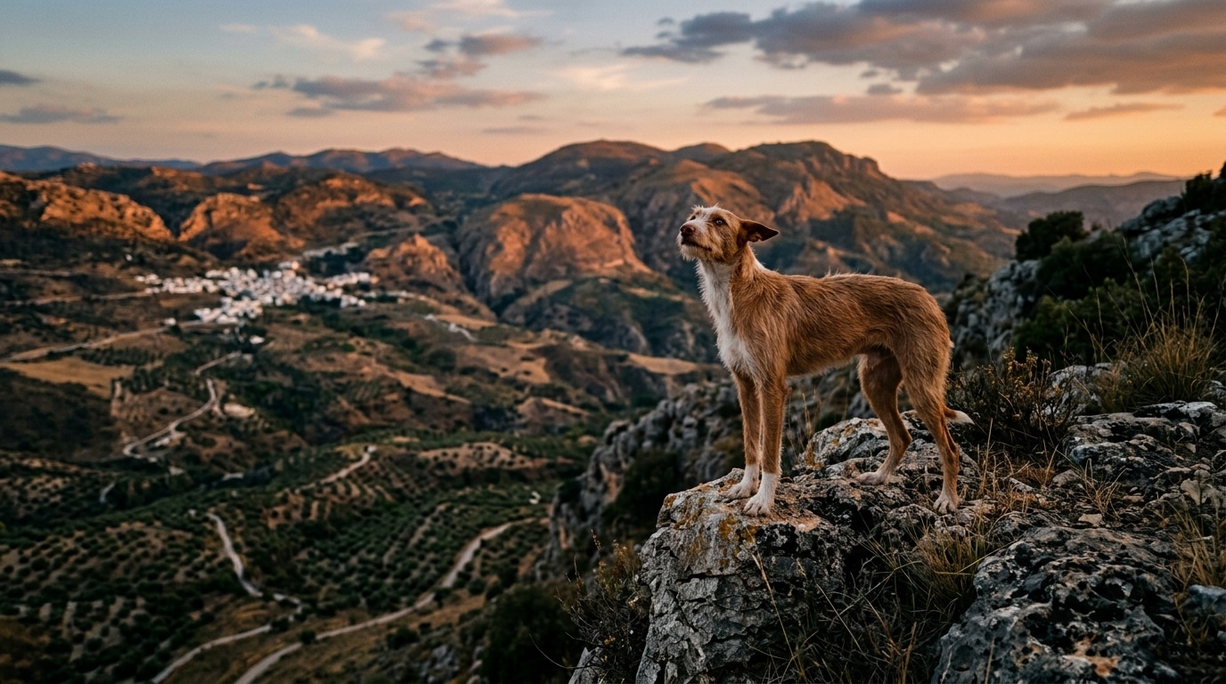 Chien de chasse seul au bord d'une falaise andalouse