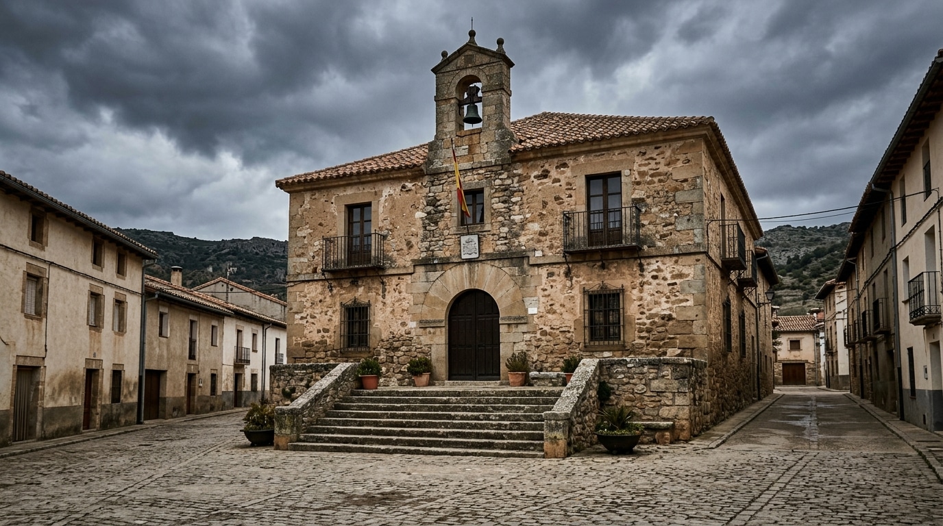 Façade d'un tribunal espagnol sous ciel gris