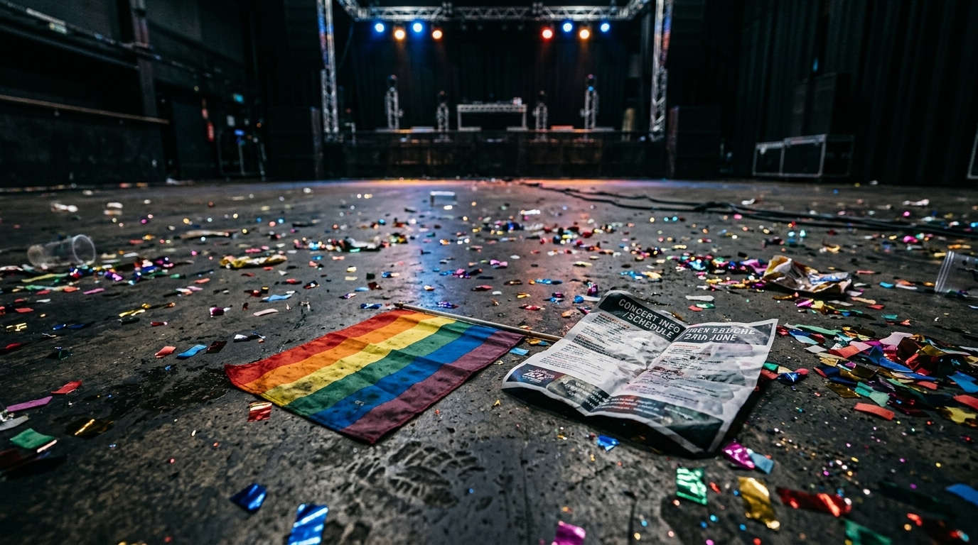 Drapeau arc-en-ciel et tract au sol lors d'un concert perturbé