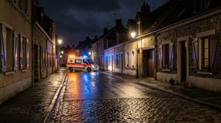 Rue résidentielle de nuit avec lumières d'ambulance à Lens