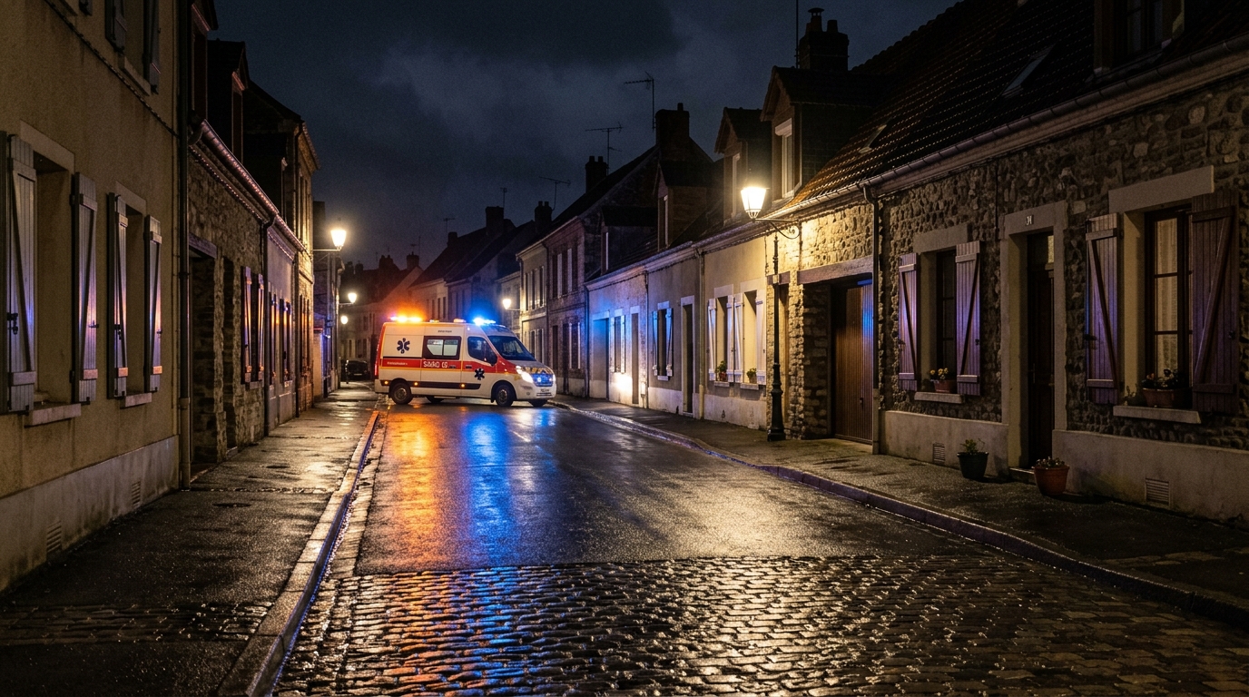 Rue résidentielle de nuit avec lumières d'ambulance à Lens