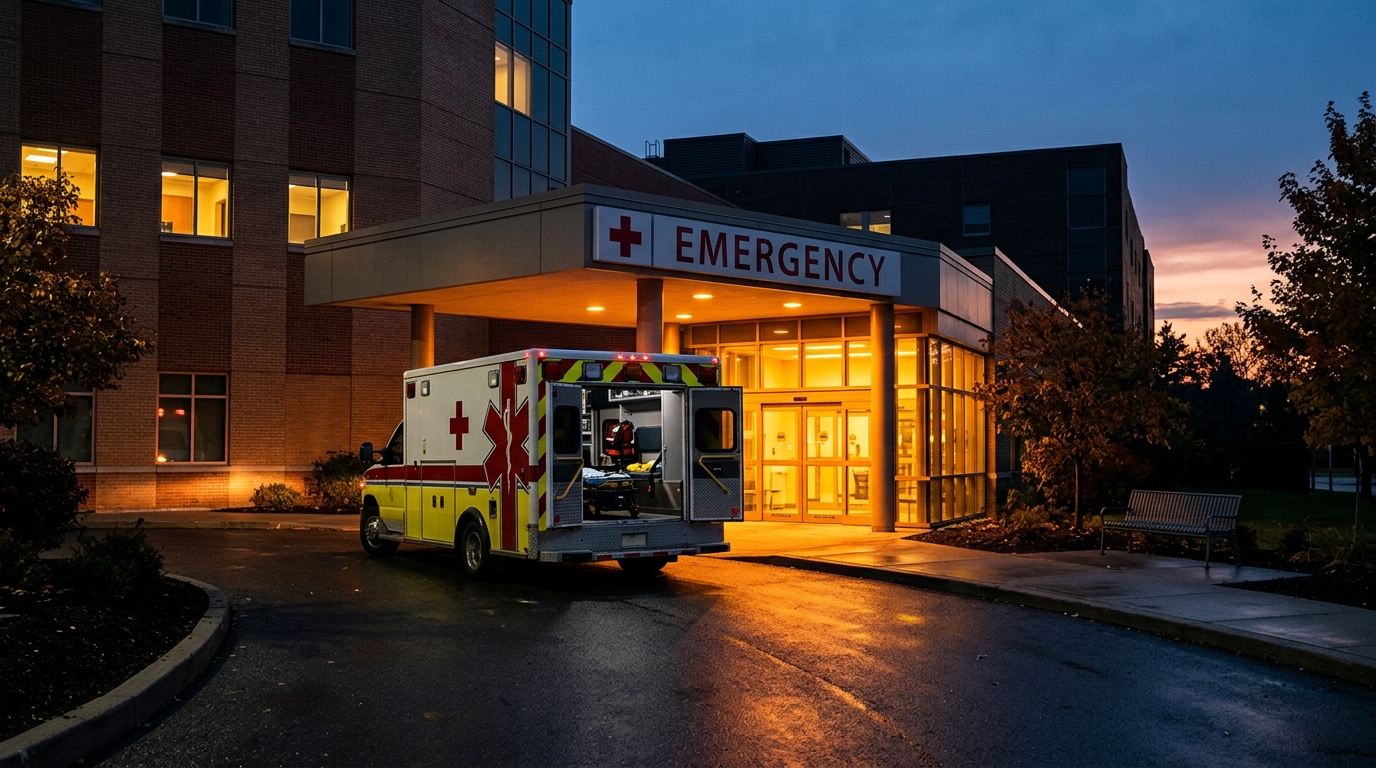 Entrée des urgences d'un hôpital au crépuscule