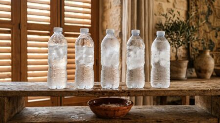 Bouteilles d'eau congelées alignées sur une étagère