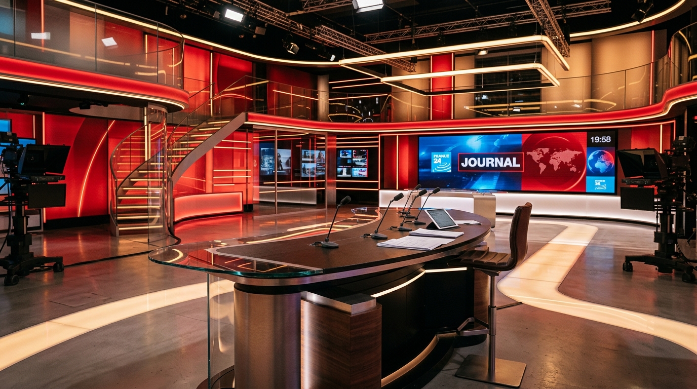 Plateau de l'émission L'Heure des Pros sur CNews avec pupitre vide sous les lumières du studio