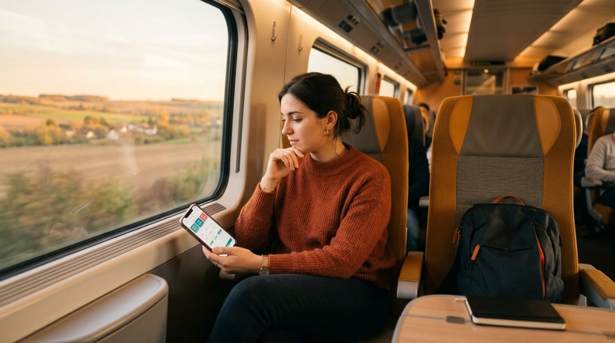 Passager dans un TGV vérifiant le tarif de son trajet