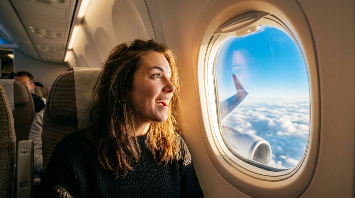 Passager émerveillé regardant les nuages depuis le hublot