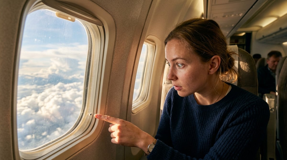 Passager pointant le petit trou dans le hublot d'avion