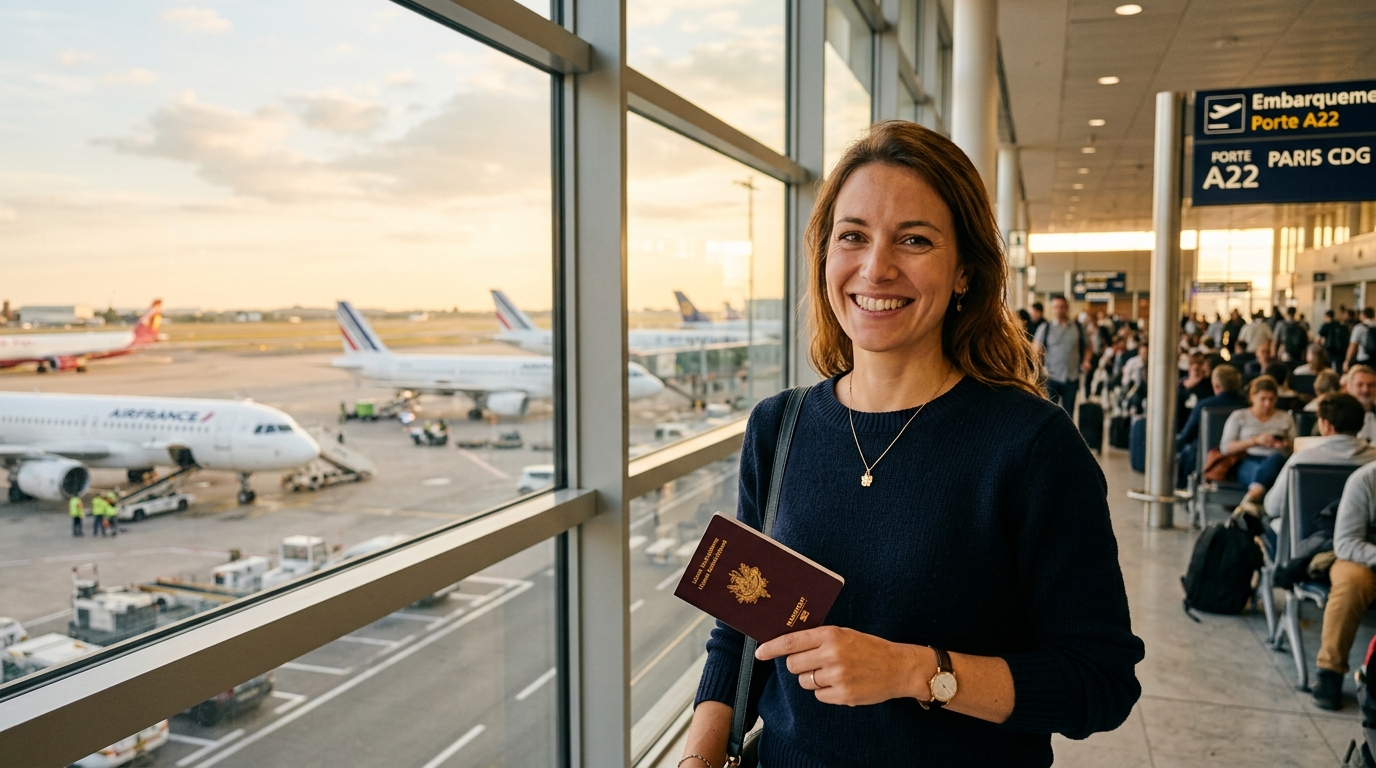 Femme souriante tenant son passeport français à l'aéroport