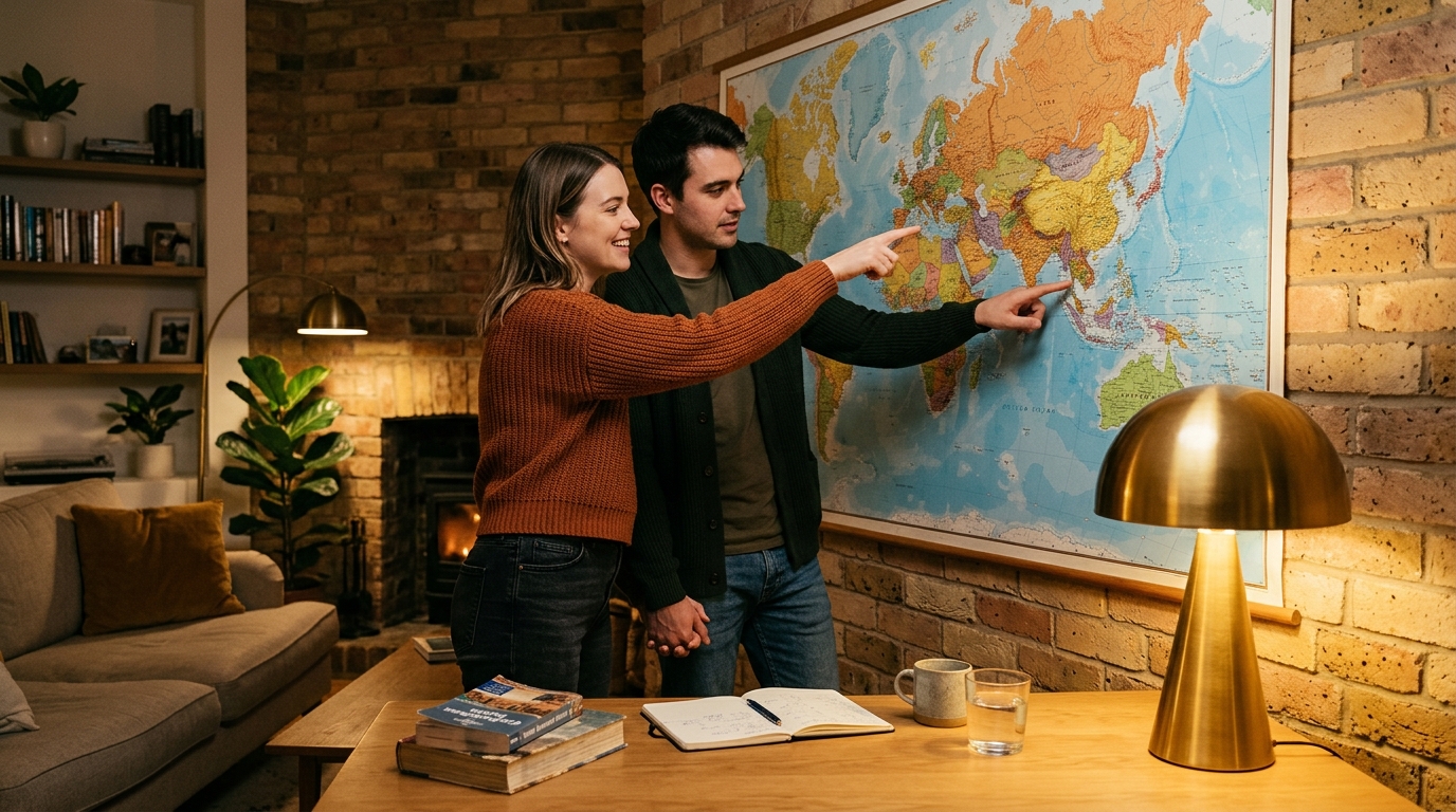Couple planifiant un voyage devant une carte du monde