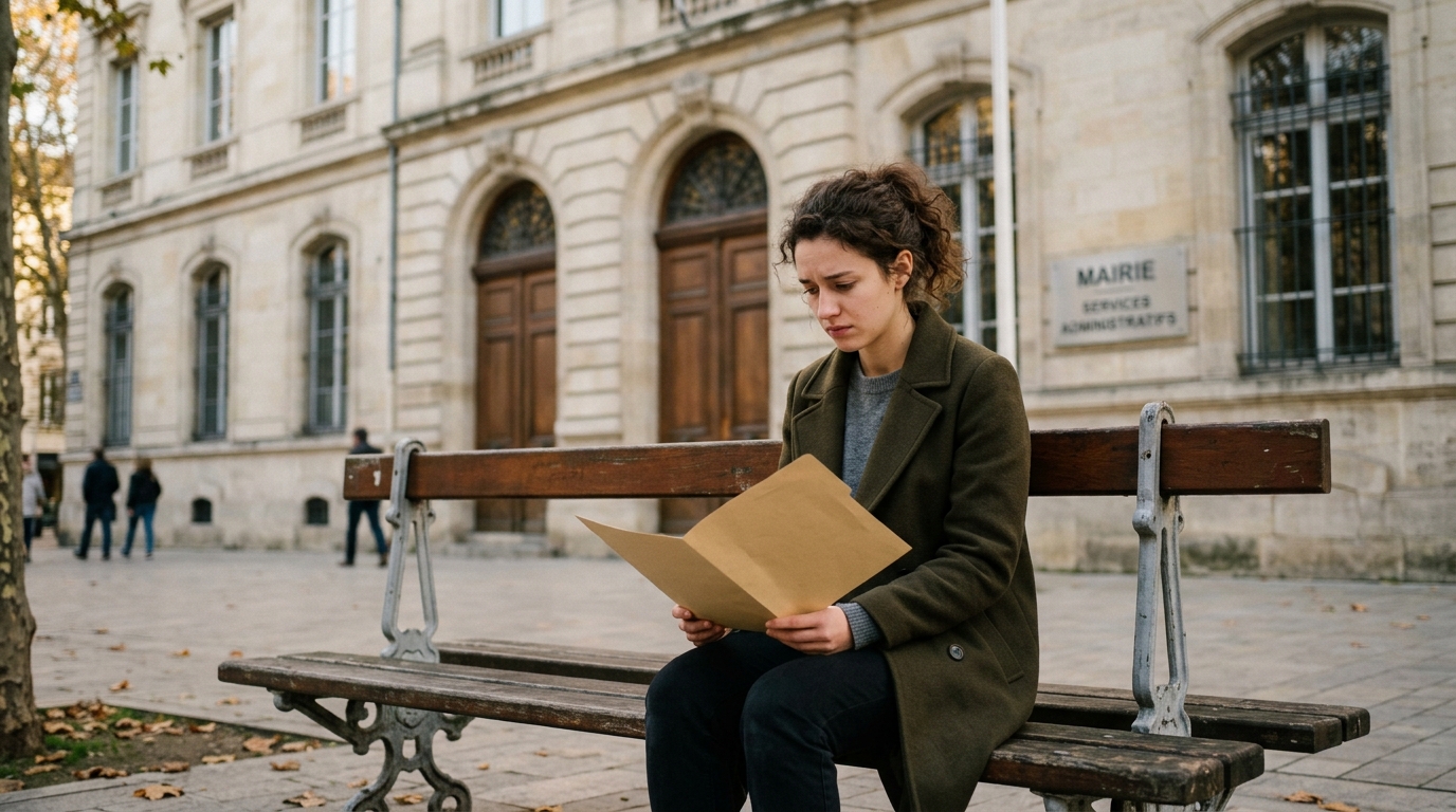 Jeune femme seule assise devant un bâtiment administratif