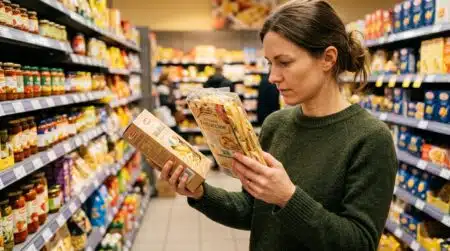 Femme comparant des paquets de pâtes en rayon