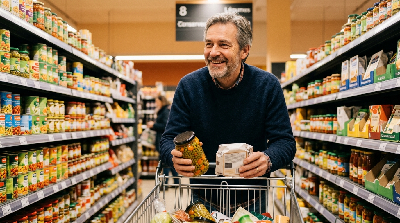 Homme avec conserves et fromage dans un chariot