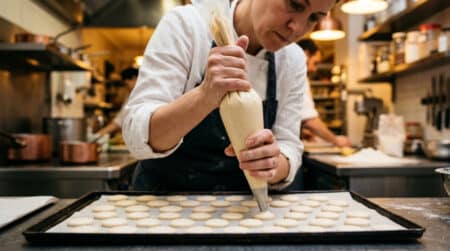 Pâtissier façonnant des coques de macarons à la main