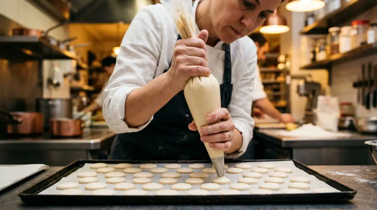 Pâtissier façonnant des coques de macarons à la main