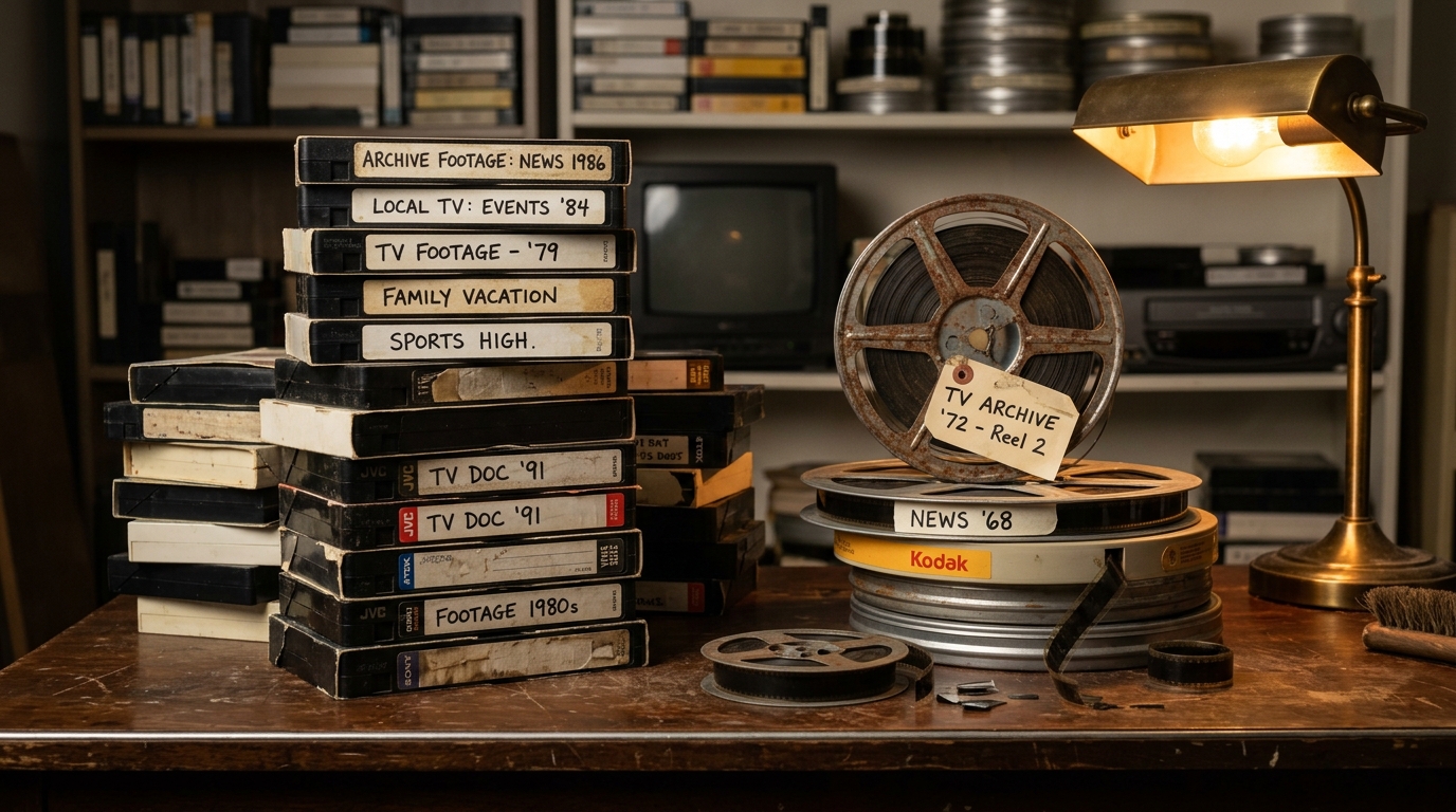 Cassettes VHS et bobines d'archives télévisuelles empilées sur un bureau sous une lampe dorée