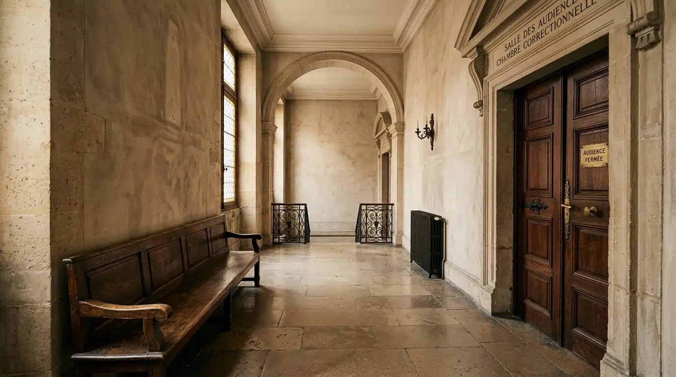 Couloir de tribunal avec porte close et banc vide