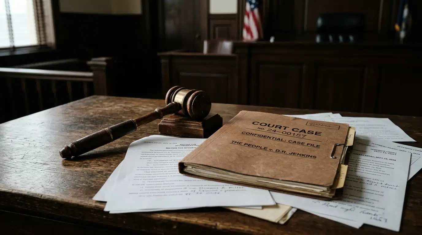 Dossier judiciaire et marteau de juge sur un bureau