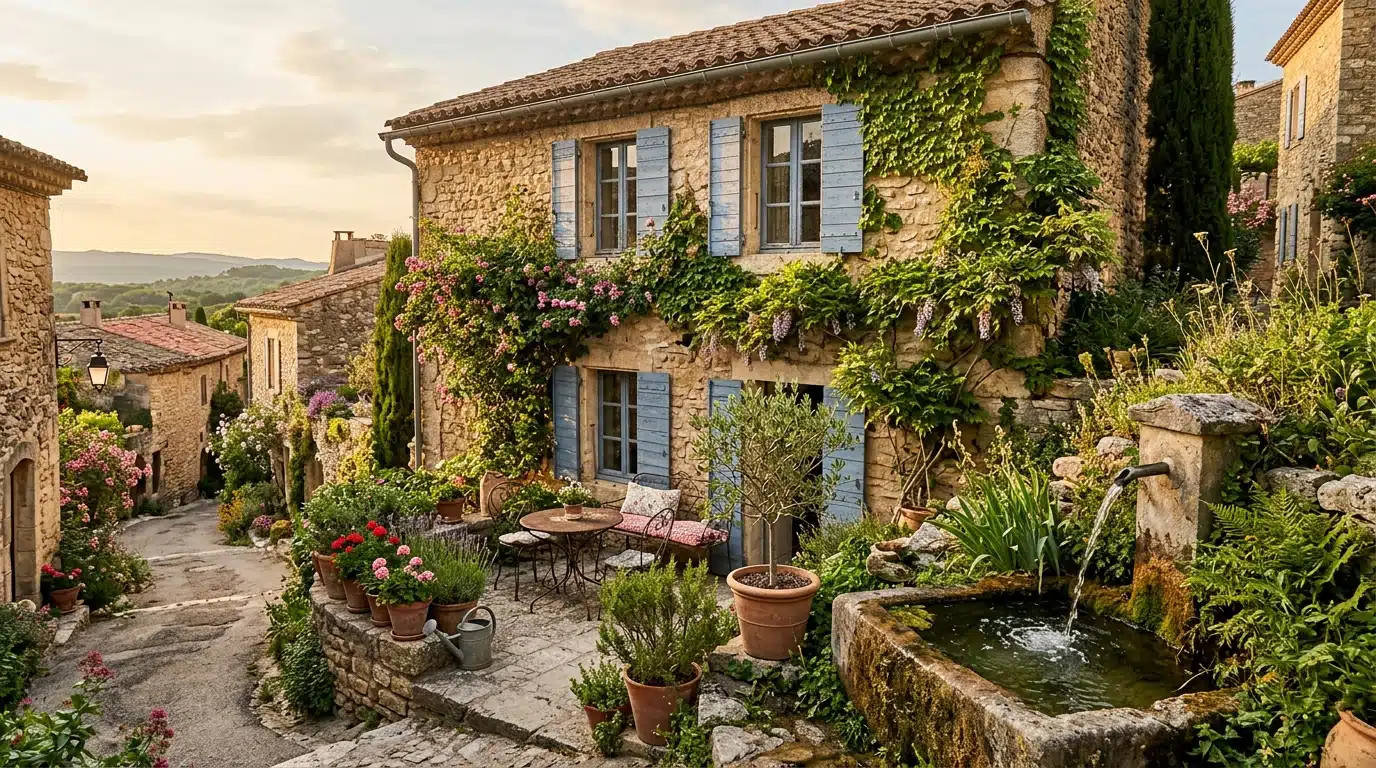 Petite maison en pierre typique d'un village provençal avec volets en bois et vigne grimpante