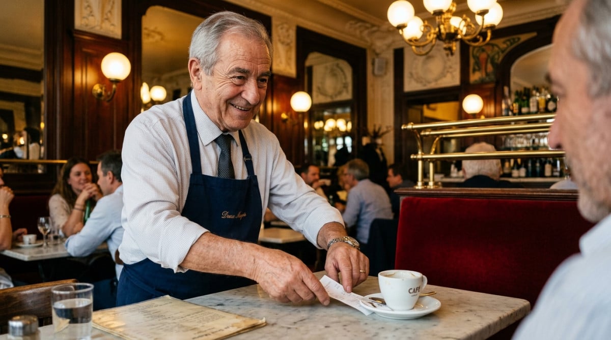 Patron de café plaçant un ticket sous une soucoupe