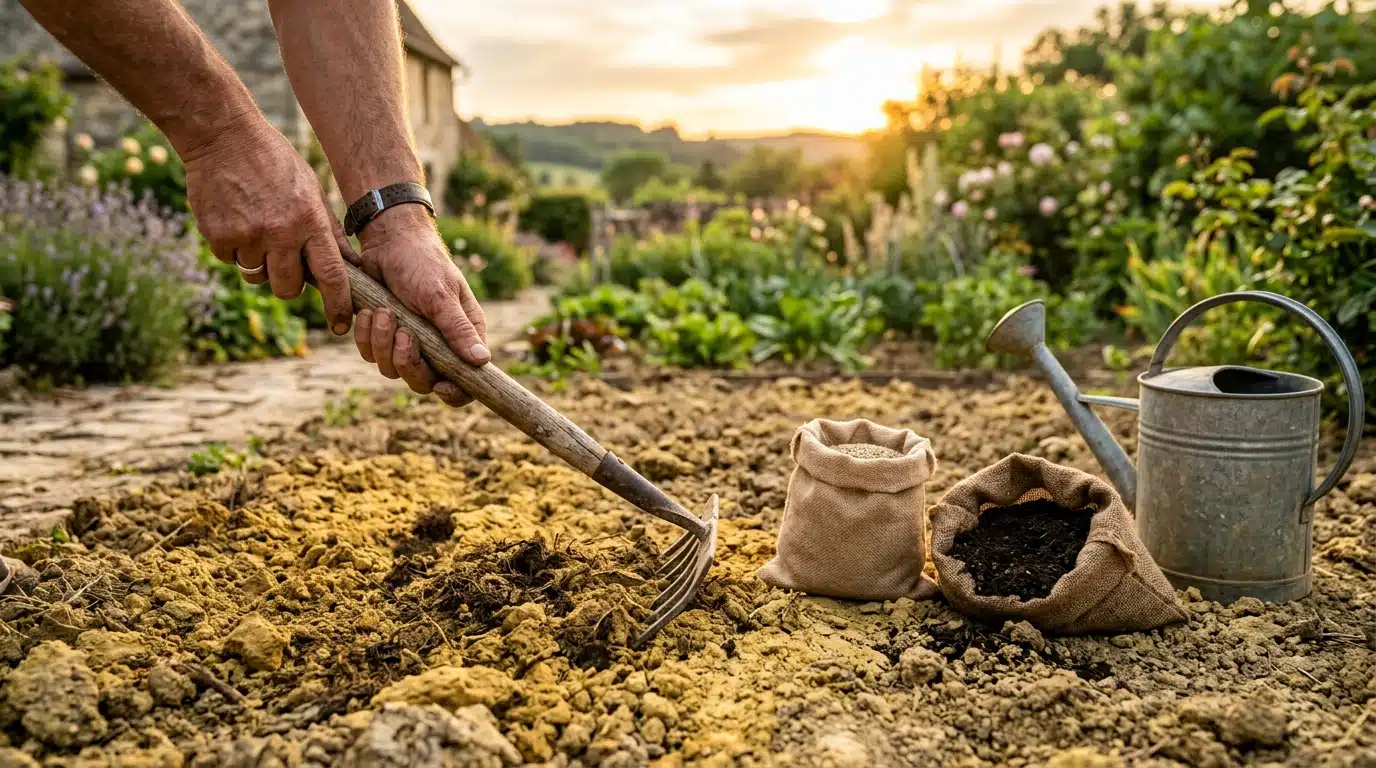 Mains aérant le sol avec un râteau et des graines