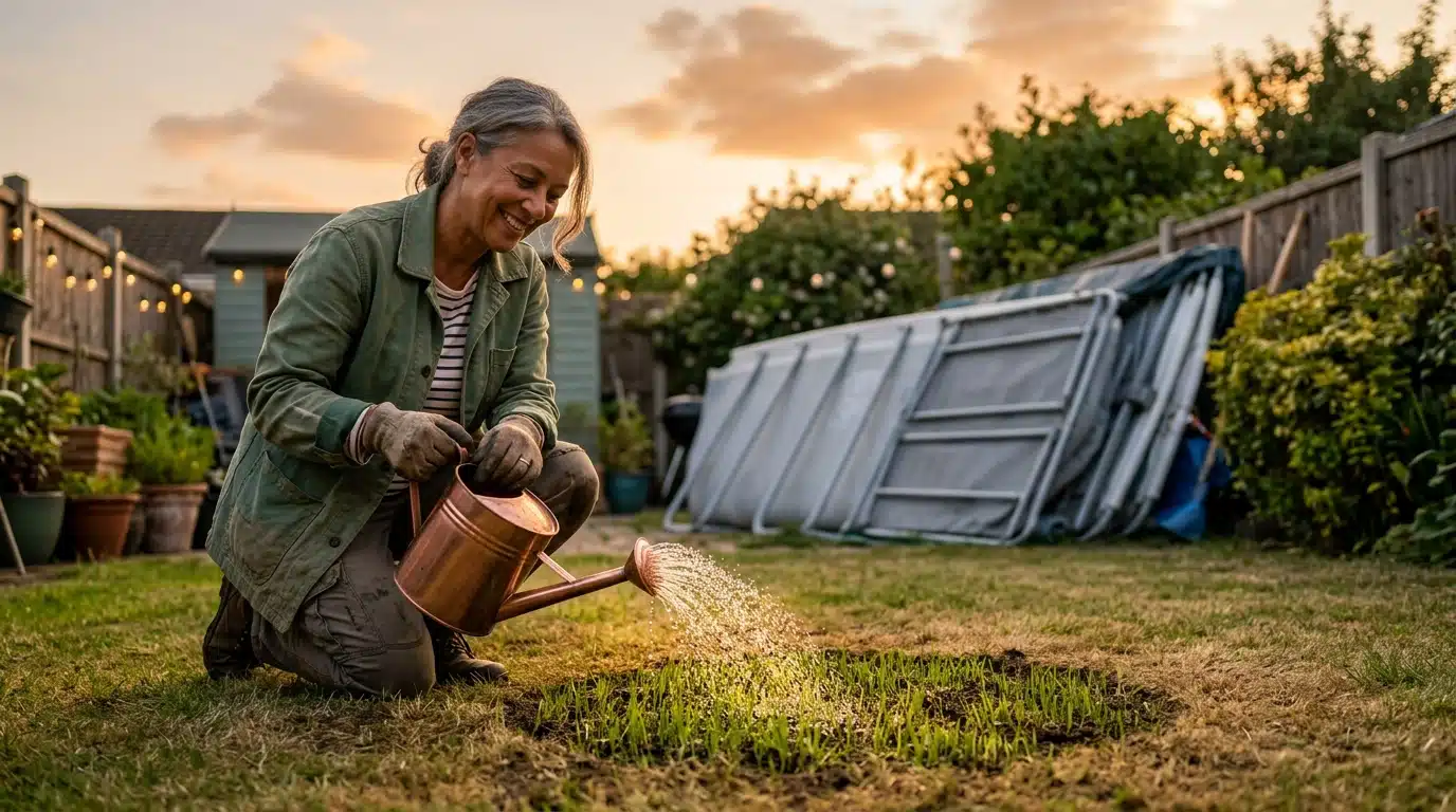 Jardinier arrosant finement une pelouse resemée au crépuscule