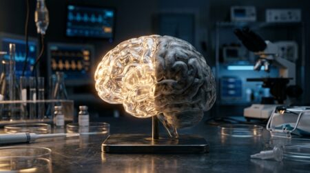 Modèle de cerveau translucide mi-clair mi-opaque en laboratoire