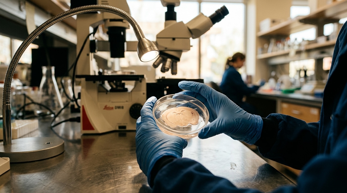 Chercheur examinant un échantillon de tissu cérébral au laboratoire